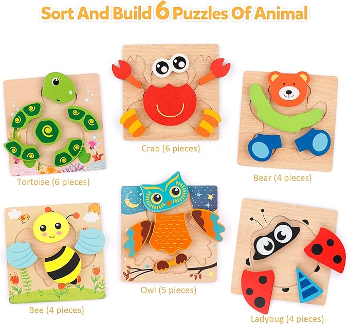 Coogam Wooden Jigsaw Puzzle Set, 6 Pack Animal Shape Color Montessori Toy, Fine Motor Skill Early Learning Preschool Educational Gift Game for Years Old Kids