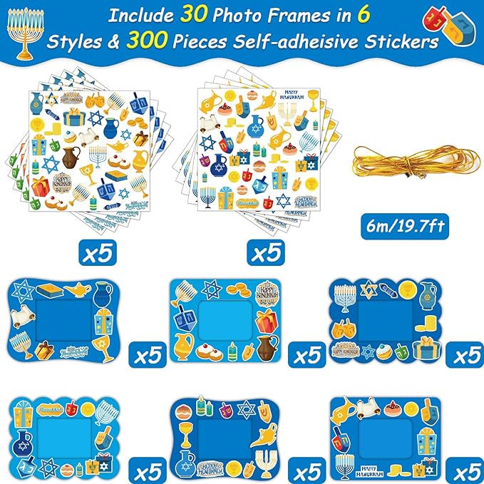 30 Packs Hanukkah Picture Frame Craft Kits for Kids Hanukkah DIY Craft Set with Menorah Dreidel Jewish Festival Stickers Home Classroom Indoor Game Activities