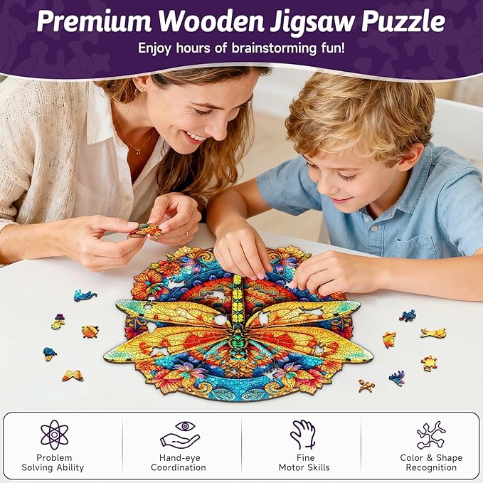 Colorful Dragonfly Wooden Puzzle, 45x40cm Unique Animal Shaped Wood Jigsaw Puzzle, 467 Pieces Large Size Adult Wooden Puzzles, Artistic Insect & Floral Puzzle, Ideal for Adults