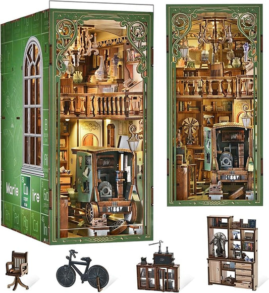 Book Nook Kit, DIY Doll House Booknook, Miniature Kit for Bookshelf Doll Houses for Adults Teen Halloween, 3D Wooden Puzzle Bookends with Led Light and Dust Cover (The Radium Lady)