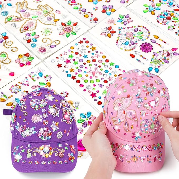 DIY Gem Baseball Cap Craft Kit: Design Your Own Hats with Unicorn Stickers, Adjustable Kids Baseball Caps, Trendy Tween Gifts Toys for Girls Age 4-12 Years Old, Birthday Christmas Art Supplies