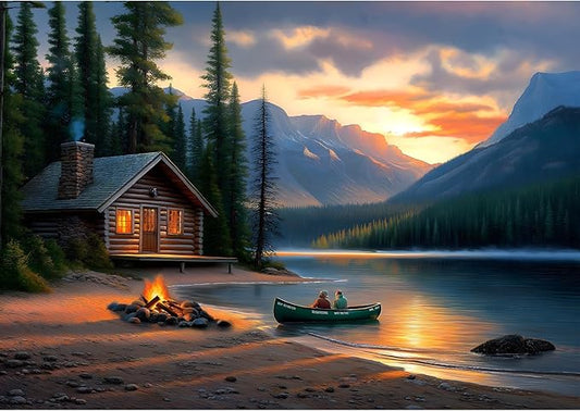 Blueforest Mountain Lake 500 Piece Puzzle for Adults - Log Cabin Panoramic Therapy Jigsaw Puzzle, Challenging Forest Landscape Framable Art Gift (23"x15")