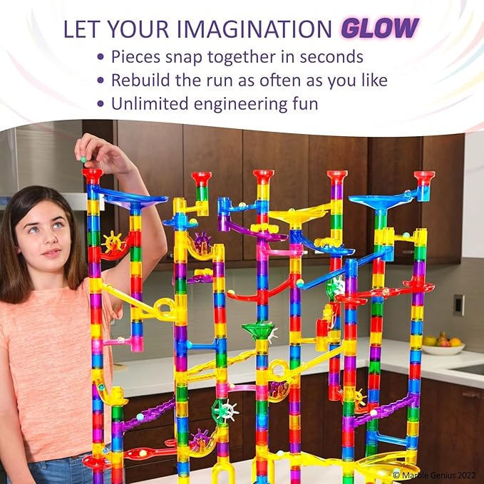Marble Genius 300 pcs Glow Marble Run Track Race Extreme Set for Kids Age 4+, Glow in The Dark, STEM Educational Building Block, Color Instruction Manual, for Kids