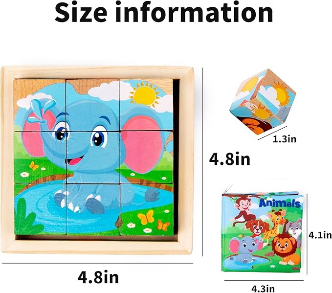 Wooden Animals Block Puzzles for Kids, Puzzles for Ages 2-4 with Book, Jigsaw Puzzles Preschool Learning Educational Toys Gift for Boys Girls, Wood Farm Cube Puzzles for Toddlers 2 3 4 5 6 Years Old
