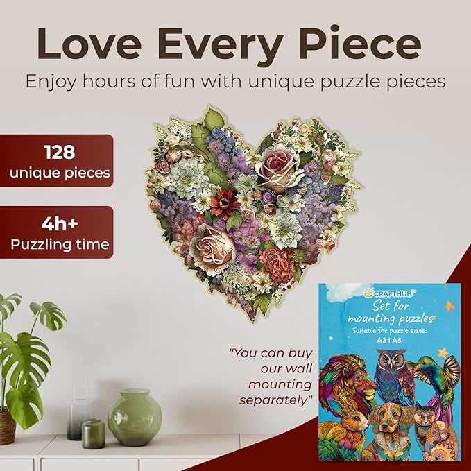 Crafthub Flowers Wooden Puzzles for Adults – A3 Blooming Heart with 128 Pieces Wood Puzzles – Jigsaw Puzzles with Unique Animal Shapes – 10.8" x 10.8"