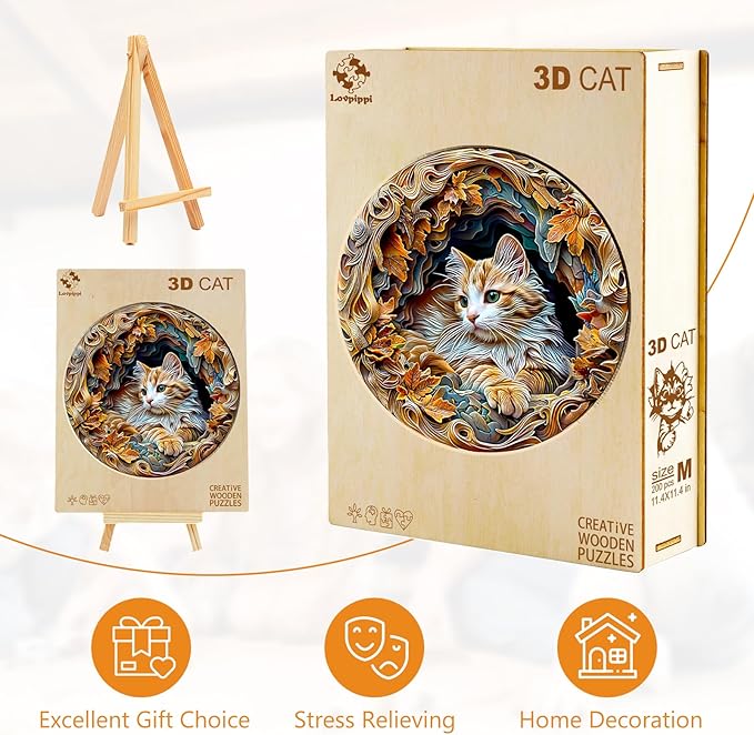 Wooden Puzzles for Adults, Wooden Jigsaw Puzzles for Adults Kids, 3D Vision Effect-3D Cat Unique Shaped Wood Puzzles Adult, Creative Birthday Gifts for Friends Family Game(13.4 * 13.4in 300pcs)
