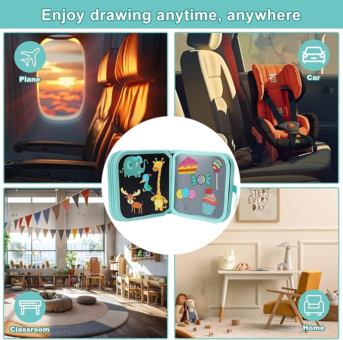 Erasable Doodle Set for Kids - Reusable Magic Drawing Book with 12 Watercolor Pens 14 Page Drawing, Road Trip Car Game Writing Painting Set for Boys and Girls (Sheep)