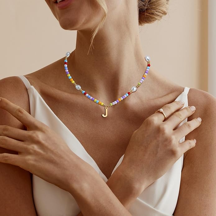 Colorful Initial Necklace for Girls Kids Women, Handmade 14K Gold Plated Colorful Initial A-Z Letter Necklace Teen Girls Gifts Trendy Stuff Birthday Gifts for 5 6 7 8 9 10 11 Year Old Girl Gift