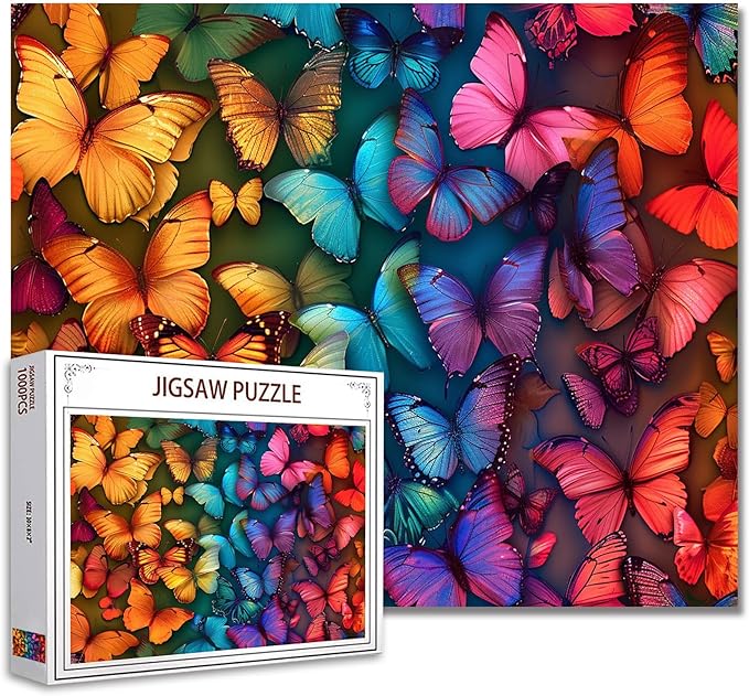 Tucocoo Jigsaw Puzzles for Adults 1000 Pieces, Rainbow Butterflies Background Art Jigsaw Puzzle Colorful Vintage DIY Craft Puzzles for Home Decoration Gifts, Family Puzzle Perfect for Game Nights