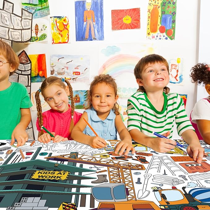 Gatherfun Construction Party Giant Coloring Poster - 31.5x 72 Inches - Versatile Classroom Wall Décor & Birthday Activity - Construction Poster or Table Cover for School Parties and Special Events