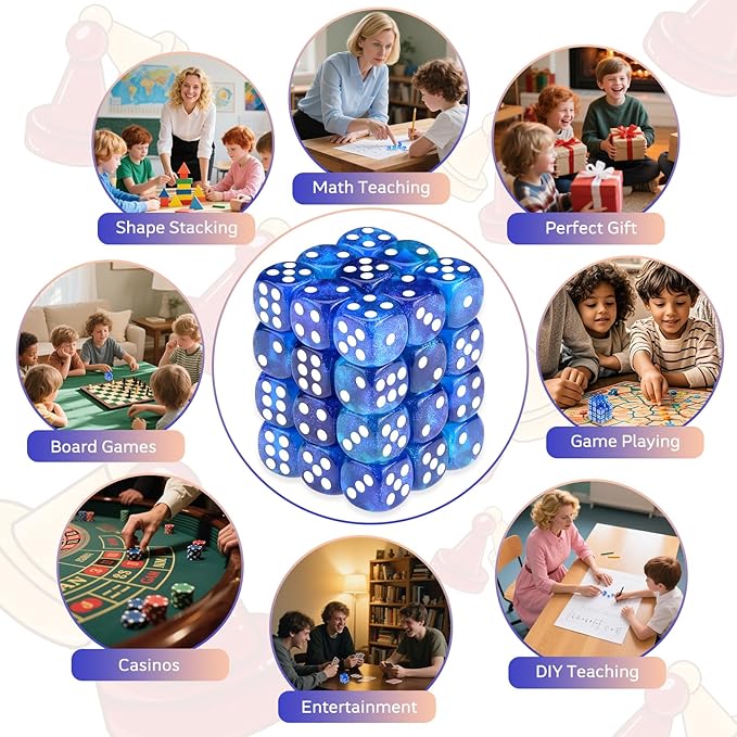 36 Pieces 12mm 6 Sided Mini Dice Set,Two Colours Glitter D6 Game Dice Set,6 Sided Standard Game Dice for Board Games Dice Games Classroom Teaching Dices Game,with Portable Gaming Box(Blue & Green)