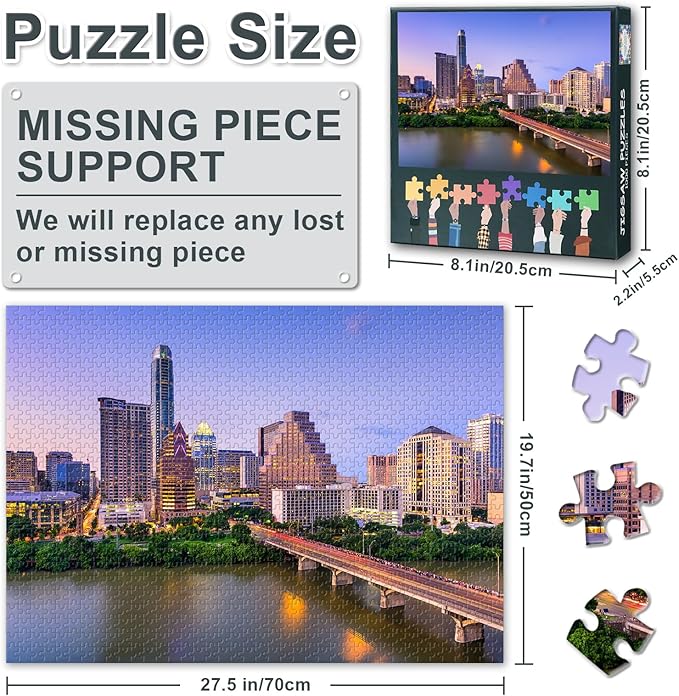 Puzzles for Adults City Skyline Austin, Texas - Jigsaw Puzzles 1000 Pieces for Adults, 27.5x19.7 Inch USA Downtown Cityscape Art Difficult and Challenge Puzzle Game for Living Room Decor