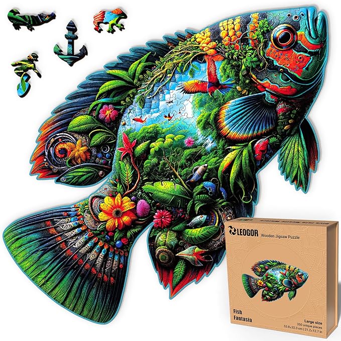 LEOGOR Wooden Jigsaw Puzzles for Adults 350 Pieces (21.2 × 12.7 in), Fish Puzzle, Extra-Thick 5mm Wood, Colorful Ocean Scene, Unique Animal Shapes, Beautiful Sea Life Gift for Adults and Teens