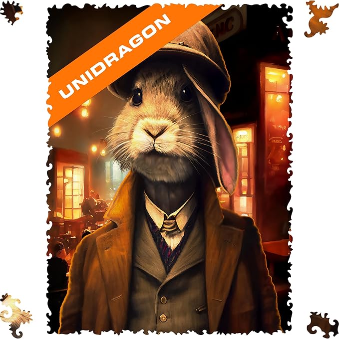 UNIDRAGON Original Wooden Jigsaw Puzzles - Pop Art Thomas Rabbit, 250 pcs, 12.6"x 9", Beautiful Gift Package, Unique Shape Best Gift for Adults and Kids