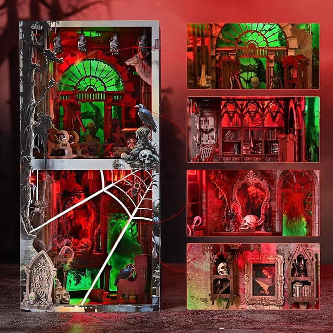Haunted Mansion Book Nook Kit, Halloween DIY Miniature Dollhouse Kit, Miniature House Kit for Adults and Teens, Horror 3D Wooden Puzzle Bookend Bookshelf Insert Decor with LED Light