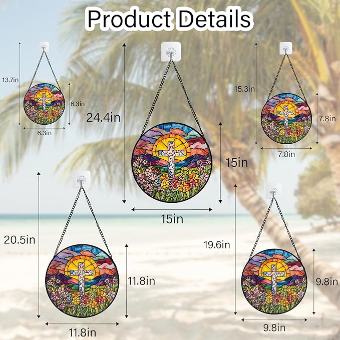 Stained Glass Window Hanging - Cross Flower Sea Sun Catcher for Door Terrace Garden Home Decor, Mountains Landscape Suncatcher Birthday Gifts for Lovers Women Men Dad Mom Nana 6.3 in