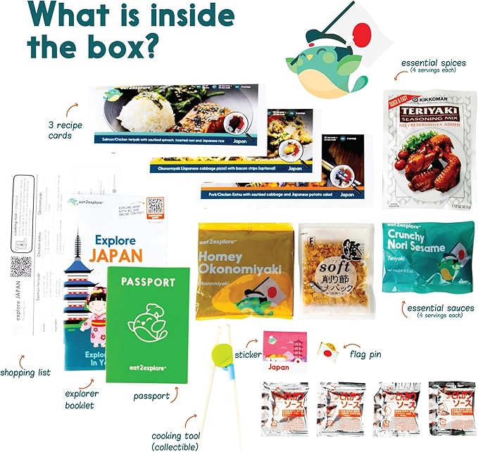 eat2explore Cooking Kits for Kids - Interactive & Educational Set with 3 Recipe Cards, Key Ingredients & Cooking Tools - Ideal Idea for Kids who Love to Create Meals (Japan Edition)
