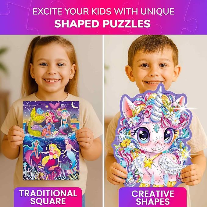 QUOKKA Shimmer Puzzles for Kids Ages 4-6 – 48 Piece Shaped Jigsaw Puzzles for Toddlers 3-5 – 4-Pack Princess, Mermaid, Butterfly & Unicorn Children's Game Ages 4-8 – Unique Gift Toy for Preschoolers