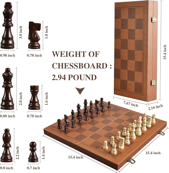 Magnetic Chess Set for Adult Kid, 15.4" Leather Chess Board with Handmade Chess Piece Including 2 Extra Queens and Storage Slot, Folding Portable Travel Chess Game for Beginner and Professional