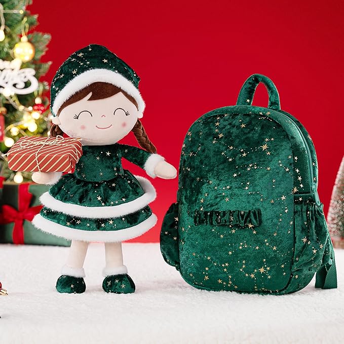 Gloveleya Plush Backpack Toddler Backpack Removable Doll and Backpack Baby Girl Gifts for 2 to 8 Years Girl Birthday Gifts with Green Doll 11”