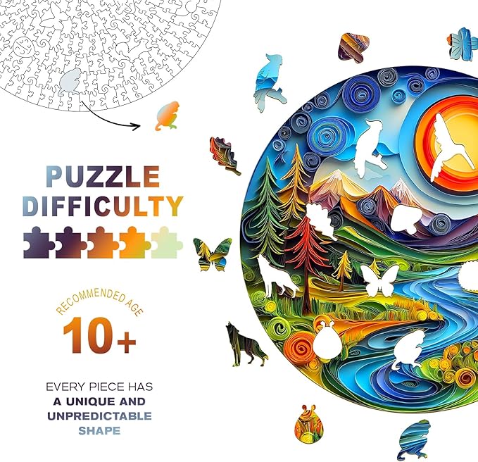 Wooden Puzzles for Adults - Unique Animal Shaped Sunrise Scenery Puzzle, 3D Vision Wooden Jigsaw Puzzle, Christmas Birthday Gifts for Friends/Family, Home Decor 13.4 * 13.4in 300pcs