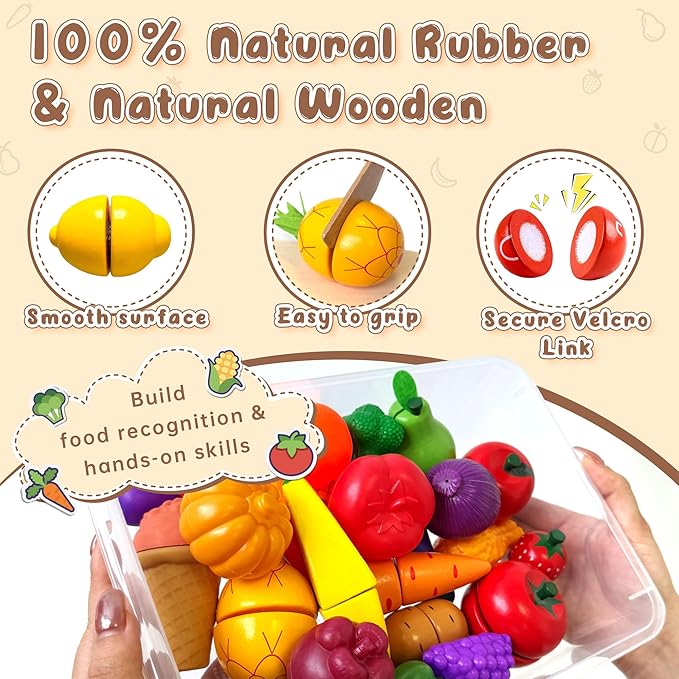 JBBRO Wooden Play Food, Wooden Toys Montessori Kitchen Tools for Toddlers 1-3, 46-Piece Realistic Cutting Set with Play Kitchen Accessories, Educational Pretend Food for Boys and Girls 18+ Months