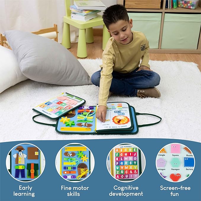 BONNYCO Busy Board for 1 Year Old Animals Montessori Busy Book for Toddlers 1-3 2-4, Felt Quiet Book Baby, Montessori Toys, Toddler Learning Toys Travel Airplane Car | Educational Activity Board