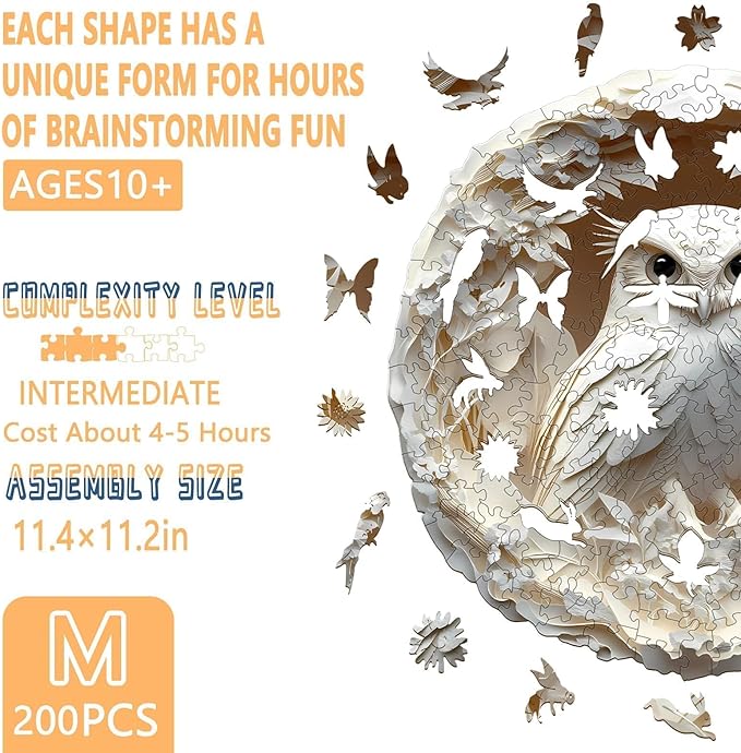 Wooden Puzzles for Adults, Flat Puzzle with 3D Visual Effect, Paper Carved Owl Wooden Jigsaw Puzzles for Adult, Unique Shape Wood Puzzles Adult, Wall Art Canvas Puzzle (M-11.4 * 11.2in-200pcs)
