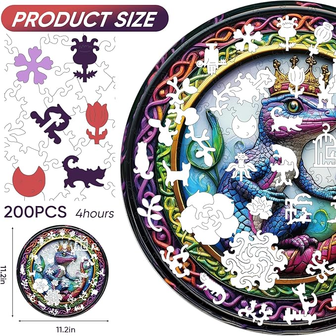 Wooden Jigsaw Puzzle, 200 Pcs Unique 3D Shape Jigsaw Puzzles, Wood Puzzle Gift Box Packing, Medium Size Letter, Creative Gift for Adults and Kids, Fun Challenging (200PCS, Chameleon)