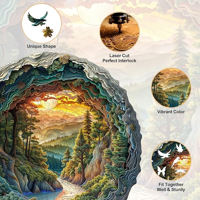 KAAYEE Wooden Puzzles for Adults, 3D Vision Effect Cave Forest Wooden Jigsaw Puzzle Unique Shape Wood Puzzle Adult, 3D Effect Flat Puzzle Birthday Family Game (XL 17.3 * 17.2in 505pcs)