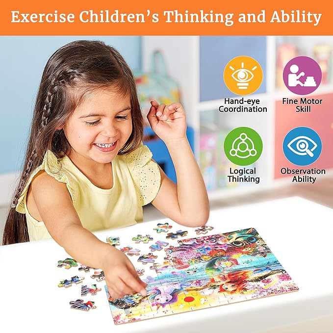 Mermaid Unicorn Puzzles for Kids Ages 4-8, 100 Pieces Jigsaw Puzzles for Kids Ages 3-5 Puzzle for Girls and Boys Learning Educational Puzzles Toys in a Metal Box