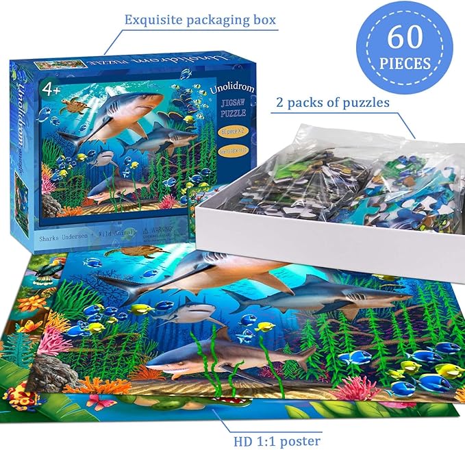 Puzzles for Kids Ages 4-8 – 2 x 60 Pieces Puzzles for Kids Ages 3-5 6-8 – Toy for Learning Ocean & Forest Animals – Educational Toys for Boy and Girl (2 Packs)