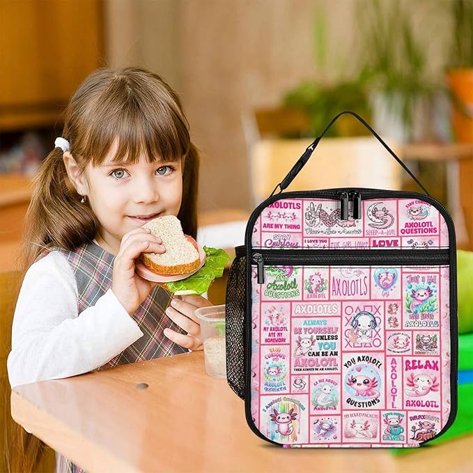 Axolotl Lunch Box - Cute Reusable Axolotl Lunch Bag for Women Men Kids - Small Portable Foldable Insulated Lunchbox for School Work Picnic