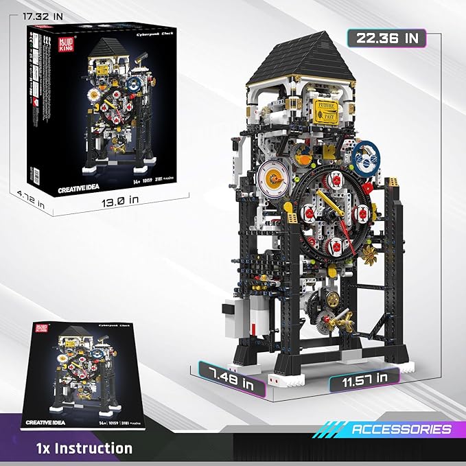 Mould King Cyberpunk Clock Building Set, 3181+ Pcs Building Blocks Kits That Run with Chiming Bird & 4 Dials, Electric Alarm Clock Model Kit with Motor, Collectible Building Toys for Adults and Teens