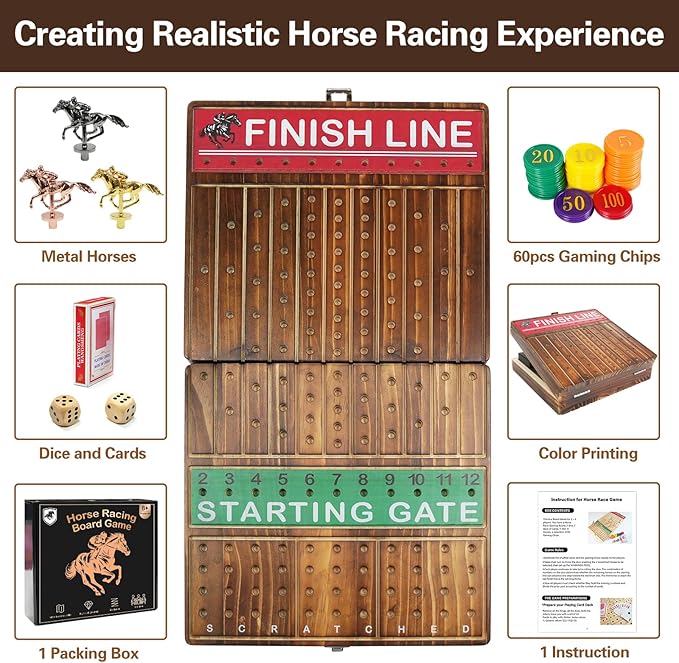 FUNNYB&G 21 inches Horse Race Board Game Foldable Large Horse Racing Game for Adults with 11 Metal Horses, Solid Wood 60 Pcs Poker Chips 2 Dice 1 Pack of Cards for Family Tabletop Parties(Brown)