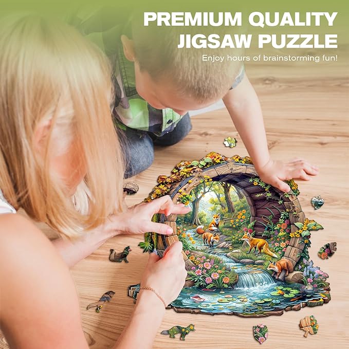 Wooden Puzzles for Adults - Happy Foxes Wooden Jigsaw Puzzle - Unique Animal Shaped Wood Puzzles Adult - Christmas Birthday Gifts for Adults/Friends/Family - 100pcs 8.5 * 8.3in