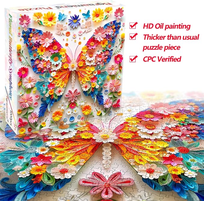 Bgraamiens Floral Butterfly Symphony-1000 Pieces Paper Flower Butterfly Puzzle for Adults, Unique Flowers Art,Perfect for Game Nights