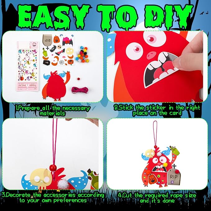 48 Sets Halloween Monster Crafts Kits Halloween Fall Craft Bulk DIY Monster Ornaments Necklace Feather Ball Sticker Beads Pom Arts and Crafts Classroom Activities Art Project Party Favors