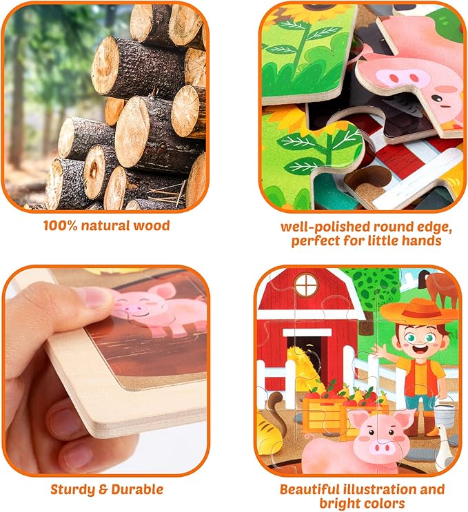 SYNARRY 24 Pieces Puzzles for Kids Ages 3-5, Farm Wooden Jigsaw Puzzles with Storage Tray, Educational Preschool Puzzles Toys Set for Toddler Boys and Girls
