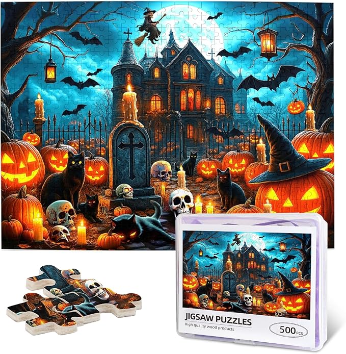Halloween Haunted House 500 Pieces Jigsaw for Adults Horror Haunted Mansion Scene Jigsaw Horror House Ghosts Pumpkin Skeleton Grave Theme Puzzles for Adults