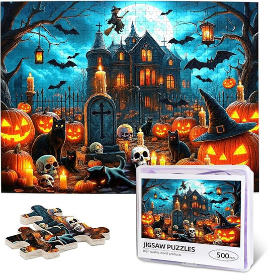 Halloween Haunted House 500 Pieces Jigsaw for Adults Horror Haunted Mansion Scene Jigsaw Horror House Ghosts Pumpkin Skeleton Grave Theme Puzzles for Adults