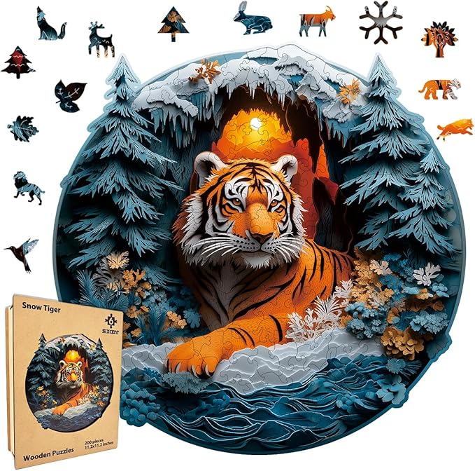 Wooden Jigsaw Puzzle, 200-500 Pieces Unique Shape Animal Puzzle, for Adults & Kids, Birthday Gift Family Game, Decorative Puzzle, Unique Gift (Snow Tiger, 200 PCS)