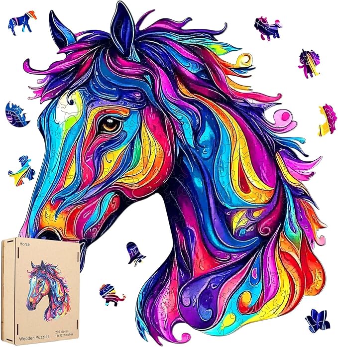 Wooden Jigsaw Puzzle, 200 Pcs Unique 3D Shape Jigsaw Puzzles, Wood Puzzle Gift Box Packing, Medium Size Letter, Creative Gift for Adults and Kids, Fun Challenging (EA4Horse, 200PCS)
