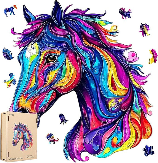 Wooden Jigsaw Puzzle, 200 Pcs Unique 3D Shape Jigsaw Puzzles, Wood Puzzle Gift Box Packing, Medium Size Letter, Creative Gift for Adults and Kids, Fun Challenging (EA4Horse, 200PCS)