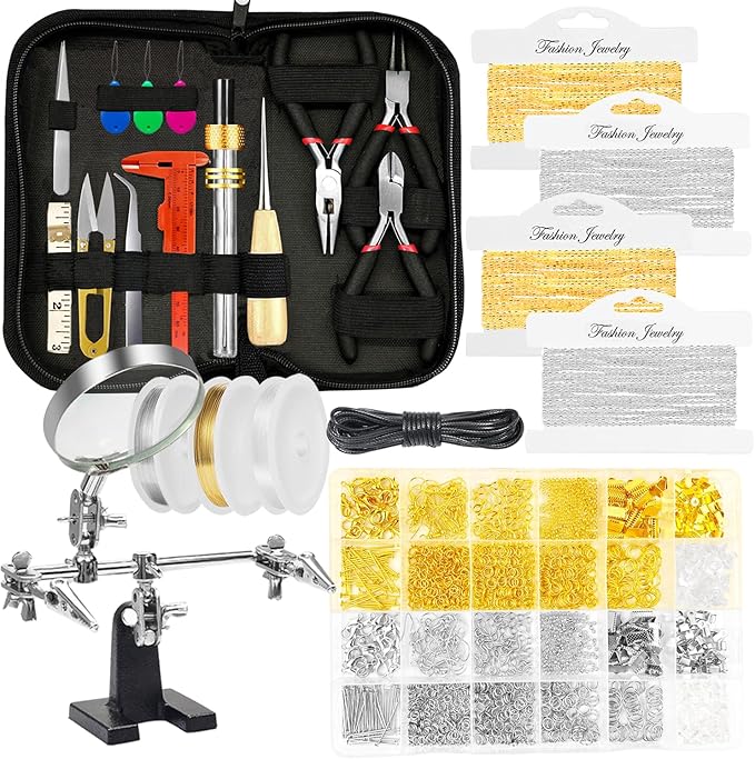 MONVICT Jewelry Making Supplies Kit with Jewelry Making Tools, Findings, Necklace Chain, Jewelry Wires, Adjustable Magnifier, Carry Bag, Meet All The Needs of Jewelry Making, Repair, Beading