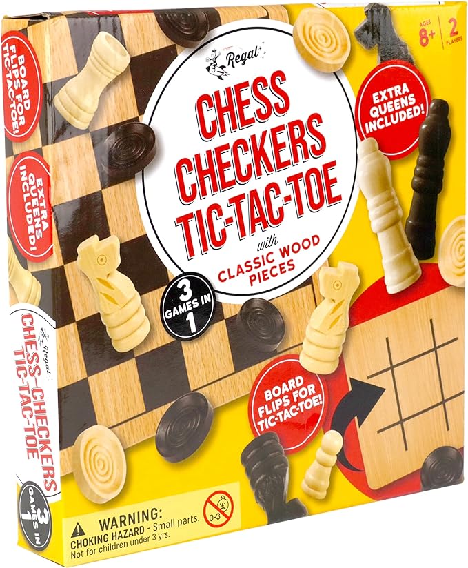 Regal Games - Reversible Wooden Board for Chess, Checkers & Tic-Tac-Toe - 24 Interlocking Wooden Checkers and 32 Standard Chess Pieces - for Age 8 to Adult for Family Fun
