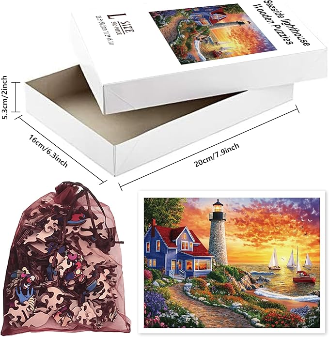 GLOBLELAND 300Pcs Seaside Lighthouse Wooden Jigsaw Puzzles for Adult Garden Sunset Colorful Unique Animal Shaped Jigsaw Puzzles for Holiday Birthday Gifts