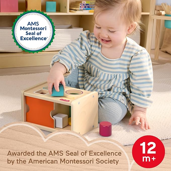 Fisher-Price Wood Montessori Toy Object Permanence Box Sort & Find, American Montessori Society Seal of Excellence, Wooden Shape-Sorter Learning Activity for Baby Ages 1+ Years (Amazon Exclusive)