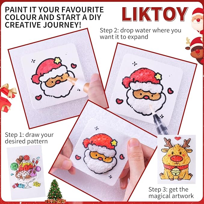 Liktoy 44Pcs Magic Foam Texture Painting Kit, 28Pcs Foam Texture Paper, 12 Colorful Brush, 2 Water Brushes, 3D Effect Texture Painting Set, Ideal for Halloween, Christmas, Birthday Gifts