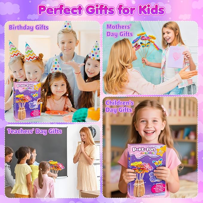 Poke Art and Craft Flower Bouquet Kits for Girls, 8 Flowers & 2 Butterflies with Wooden Vase, Mess Free DIY Creative Activity, Birthday Gifts Toys for 5 6 7 8+ Year Old Girls